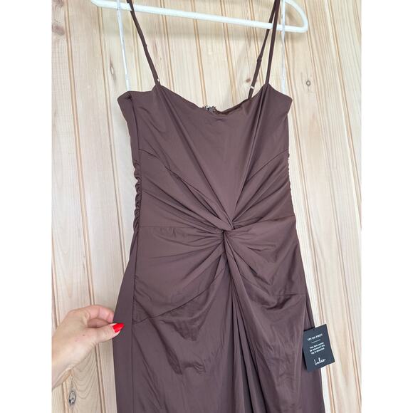 NWT Lulus Mesmerizing Reputation Brown Twist-Front Bodycon Midi Dress Cocktail L - Picture 4 of 8